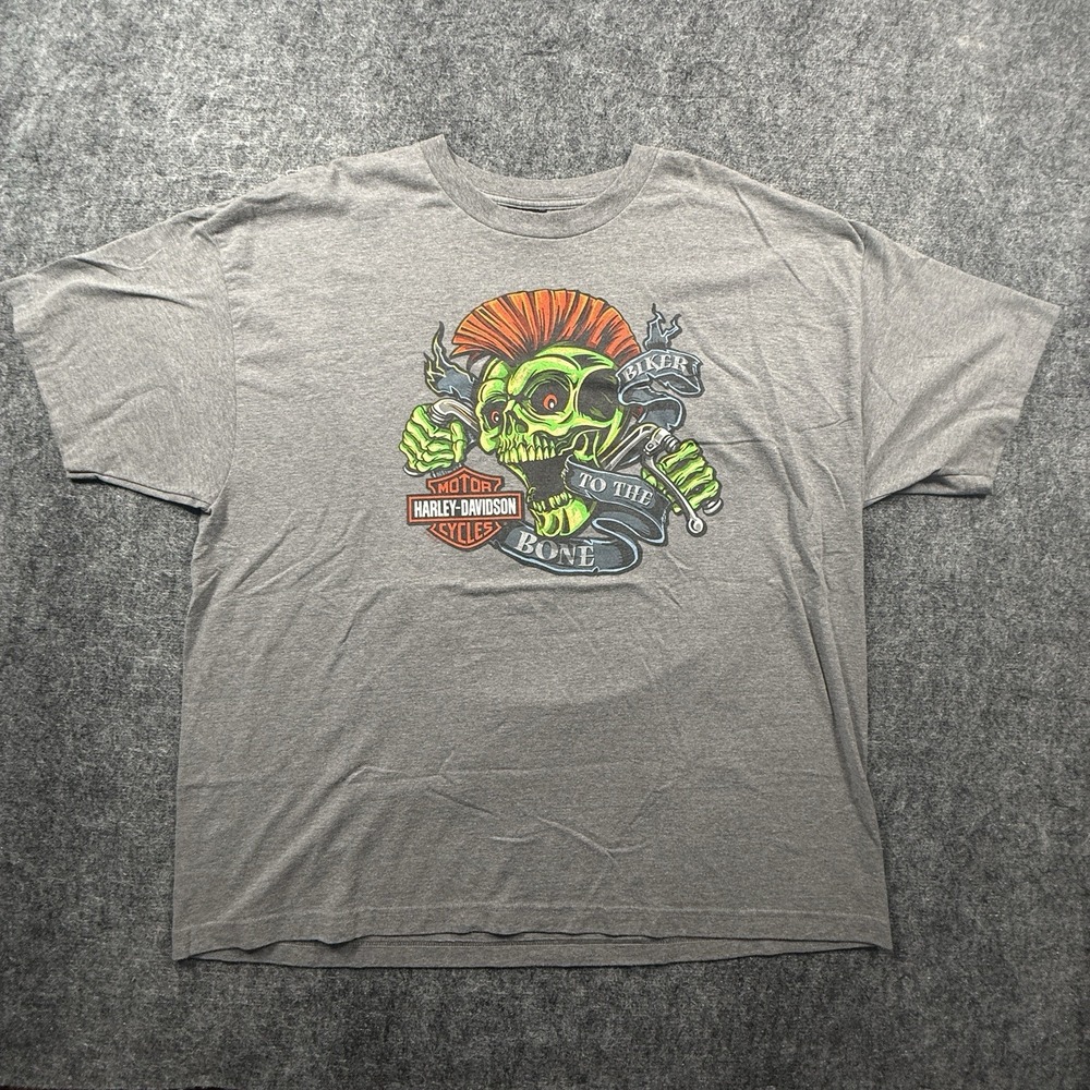 Harley Davidson T Shirt Mens 2XL Gray Biker To The Bone Skull Valparaiso Indiana